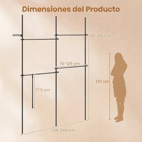 Cabideiro de Pé Modular 139-244 x 110-315 cm, Altura e Comprimento Reguláveis, Preto