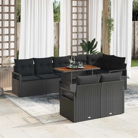 vidaXL Conjunto de Sofá de Jardim com 9 Peças e Almofadas em Preto e Rattan Sintético