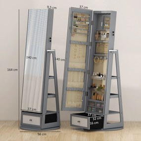 Espelho de Pé Giratório 360° com Espelho com Interior Iluminado Organizador de Jóias com Prateleiras e Gavetas 56x56x164