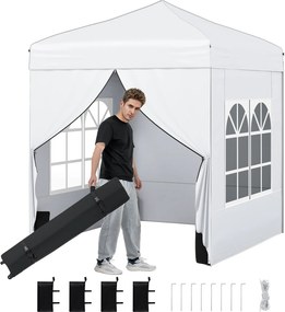 Tenda dobrável 194 x 194 cm, com 4 paredes laterais, 3 alturas ajustáveis, e 4 sacos de areia, 8 estacas, branca
