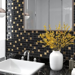 327313 vidaXL Ladrilhos mosaico 11 pcs 30x30cm vidro preto e dourado