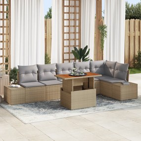 Conjunto de Sofá de Jardim de 7 Peças com Almofadas Bege Rattan em Pol