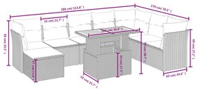 9 pcs conjunto sofás p/ jardim com almofadões vime PE cinzento