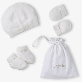 Conjunto gorro, luvas, sapatinhos e bolsa personalizável, para recém-nascido branco