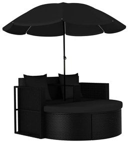 vidaXL Espreguiçadeira para jardim com guarda-sol vime PE preto