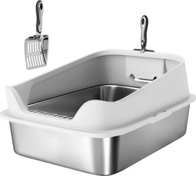 Caixa de Areia XL para Gatos 60,2x40,2x29,7 cm em Aço Inoxidável com Bordas Altas Pá Fácil de Limpar Antifugas Cinzento