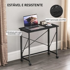 Secretária Dobrável com Rodas Mesa de Secretária Compacta Portátil para Espaços Pequenos 80x40x75 cm Preto