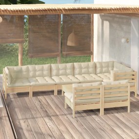 vidaXL 9 pcs conjunto lounge jardim c/ almofadões creme pinho maciço