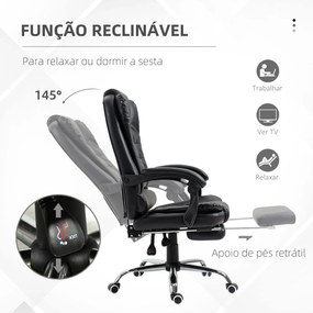 Cadeira de Escritório Reclinável Cadeira Executiva Giratória com Altura Ajustável Estofada em PU 64,5x69x109-117 cm Preto