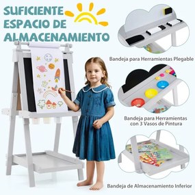 Cavalete de arte dobrável de dupla face 3 em 1 para crianças + 3 anos com quadro negro e rolo de papel substituível 3 copos bandejas Cinzento