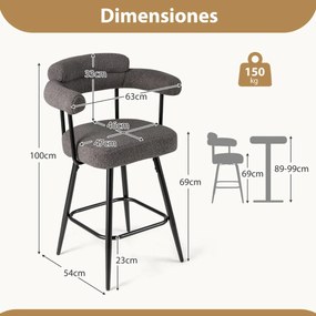 Conjunto de 2 bancos giratórios com encosto e braços curvos com pernas de metal e apoio para os pés 63 x 54 x 100 cm Cinzento