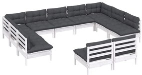 11 pcs conj. lounge de jardim c/ almofadões pinho maciço branco