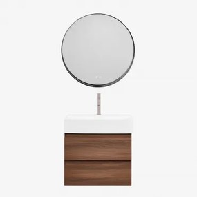 Conjunto De Móvel De Casa De Banho Em Madeira E Chapa De Freixo Com Lavatório Integrado Ona Madeira Escura & Redondo Led - Sklum
