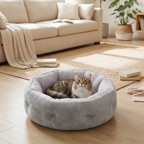 Cama reversível para gatos 62 C x 62 L x 21 A cm, cama para gatos de interior e cães de pequeno porte, cama redonda com rebordo de apoio, cinzento cla