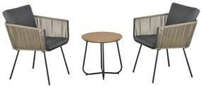 Conjunto de móveis de vime 1 mesa redonda e 2 cadeiras Poltrona com almofadas acolchoadas para varanda Aço cáqui e cinza