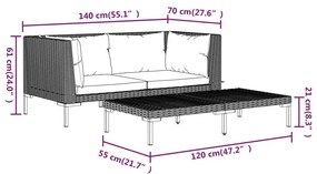 3 pcs conj. lounge jardim vime PE semicircular cinzento-escuro