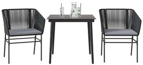 3 pcs conjunto jantar jardim almofadões vime PE vidro preto