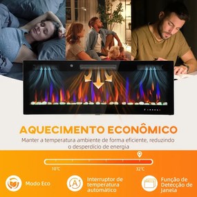 Lareira Elétrica Ultrafina de Parede e Embutir com Chama 3D Brilho/Velocidade Ajustável 12 Cores Pedras 900/1800W 127x9,4x47 cm Preto