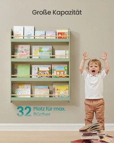 Estante infantil 12 x 80 x 100 cm com 4 níveis para quartos infantis e salas de jogos verde louro-natural
