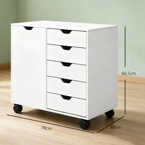 Móvel de arrumação para escritório com 5 gavetas 78 x 40 x 66,5 cm, 1 porta, prateleira ajustável, suporte para impressora e rodas, branco