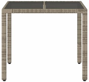 Mesa de jardim com tampo de vidro 90x90x75 cm vime PE cinzento