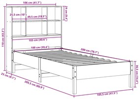 Cama c/ estante sem colchão 100x200cm pinho maciço castanho-mel