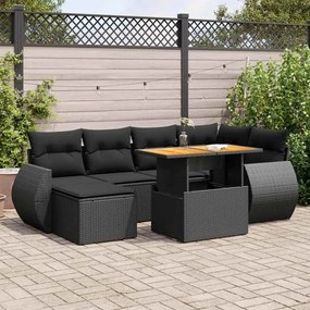 7 pcs conjunto de sofás p/ jardim c/ almofadões vime PE preto