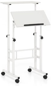 Secretária de pé para computador 60 x 30 x 72-124 cm com rodas Altura ajustável Tampo dividido e ângulo ajustável 2 ganchos Branco
