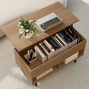Mesa de centro com tampo elevável 80 x 40 x 46 cm, compartimento oculto e 2 prateleiras para sala de estar Natural