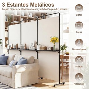 Biombo Dobrável de 3 Painéis, 259 x 44 x 188 cm, 8 Rodas com Travão, Branco