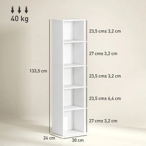 Estante de arrumação 30 x 24 x 133,5 cm com 5 níveis e prateleiras ajustáveis para sala de estar, quarto, escritório, branca