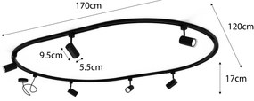 Sistema de iluminação de trilho moderno com 6 focos pretos, monofásico, oval 100cm - Iconic Jeana