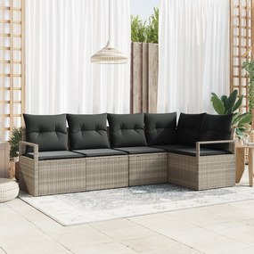 Conjunto de Sofá de Jardim de 5 Peças com Almofadas Cinza Claro Rattan