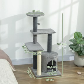 Arranhador para gatos com 103 cm de altura, plataformas, compartimentos abertos, casinha de peluche, bola de peluche, postes de sisal, base reforçada,
