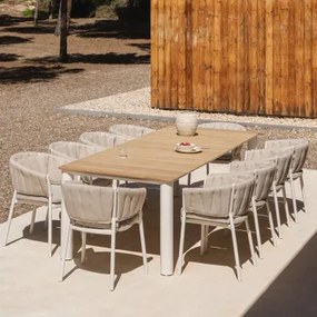 Conjunto De Mesa Retangular 220x100 Cm Em Alumínio E Madeira De Teca Sirka E 10 Cadeiras De Jardim Em Alumínio E Tecido Roderise Branco - Sklum