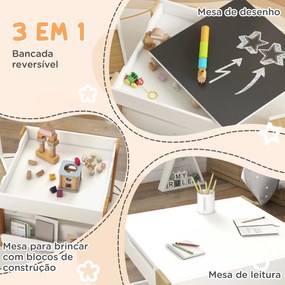 Conjunto de Mesa e 2 Cadeiras Infantis 2 em 1 com Ardósia Gavetas de Tecido e Espaço de Armazenamento para Quarto Cinza, branco e madeira