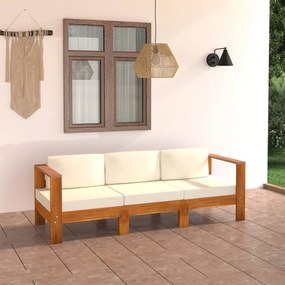 vidaXL Sofá jardim 3 lugares c/ almofadões branco nata acácia maciça