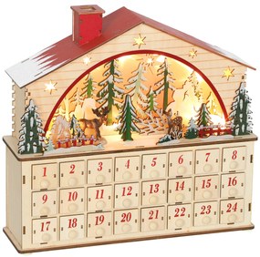 Calendário do Advento em Madeira com Luzes LED e 24 Gavetas Cena de Vila Decoração Natalícia 36x10x34 cm Madeira