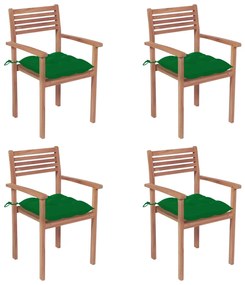 Cadeiras de jardim c/ almofadões verdes 4 pcs teca maciça