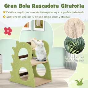 Arranhador moderno para gatos de interior com 2 níveis, bola giratória para arranhar, tecido felpudo e suporte para trepar verde e bege