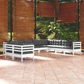 10 pcs conj. lounge de jardim c/ almofadões pinho maciço branco