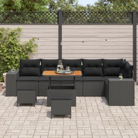 Conjunto de Sofás de Jardim 9 Peças com Almofadas Preto Rattan Poliést