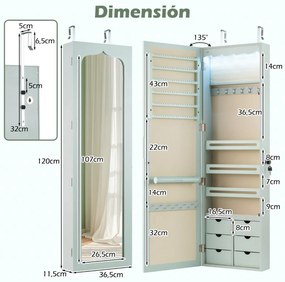 Armário para joias com espelho, iluminação LED 36,5 x 11,5 x 120 cm, fechadura para montar na porta e na parede, Verde