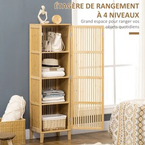 Móvel de arrumação em bambu com prateleiras e porta de design com ripas para casa de banho 40 x 30 x 140 cm
