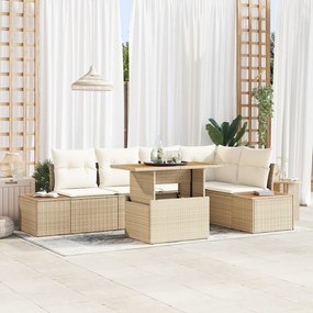 vidaXL Conjunto de Jantar para Jardim de 6 Peças com Almofadas Bege em Rattan de Polietileno e Acácia