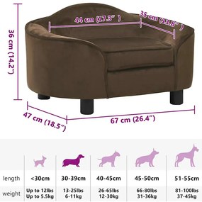 Sofá para cães 67x47x36 cm pelúcia castanho