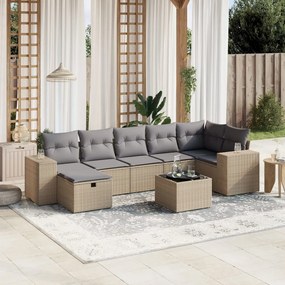 8 pcs conj. sofás jardim c/ almofadões vime PE bege misturado