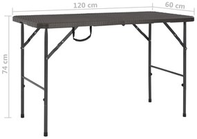 Mesa jardim dobrável 120x60x74cm PEAD castanho c/ aspeto vime