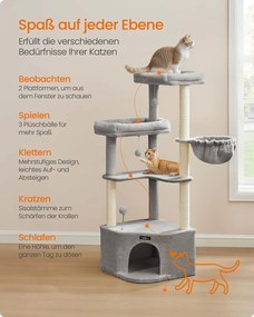 Arranhador para gatos com grande cavidade e várias áreas para brincar e descansar 48,5 x 48,5 x 140,7 cm Cinzento