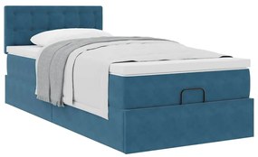 Estrutura cama otomana com colchão azul escuro 90x190cm veludo